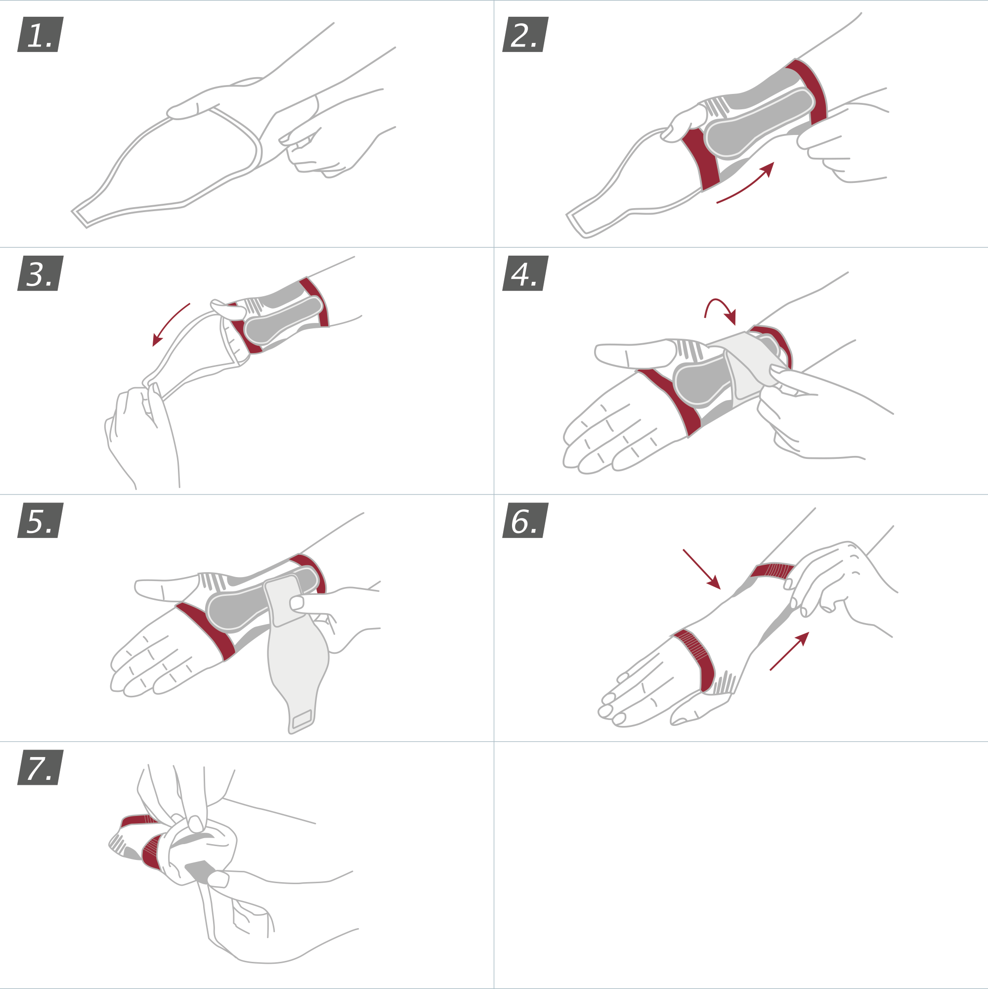 How to put on the Actimove Professional Line ManuMotion Wrist Support: pull the support over your hand and up your arm
 How to put on the Actimove Professional Line ManuMotion Wrist Support: pull the support over your hand and up your arm